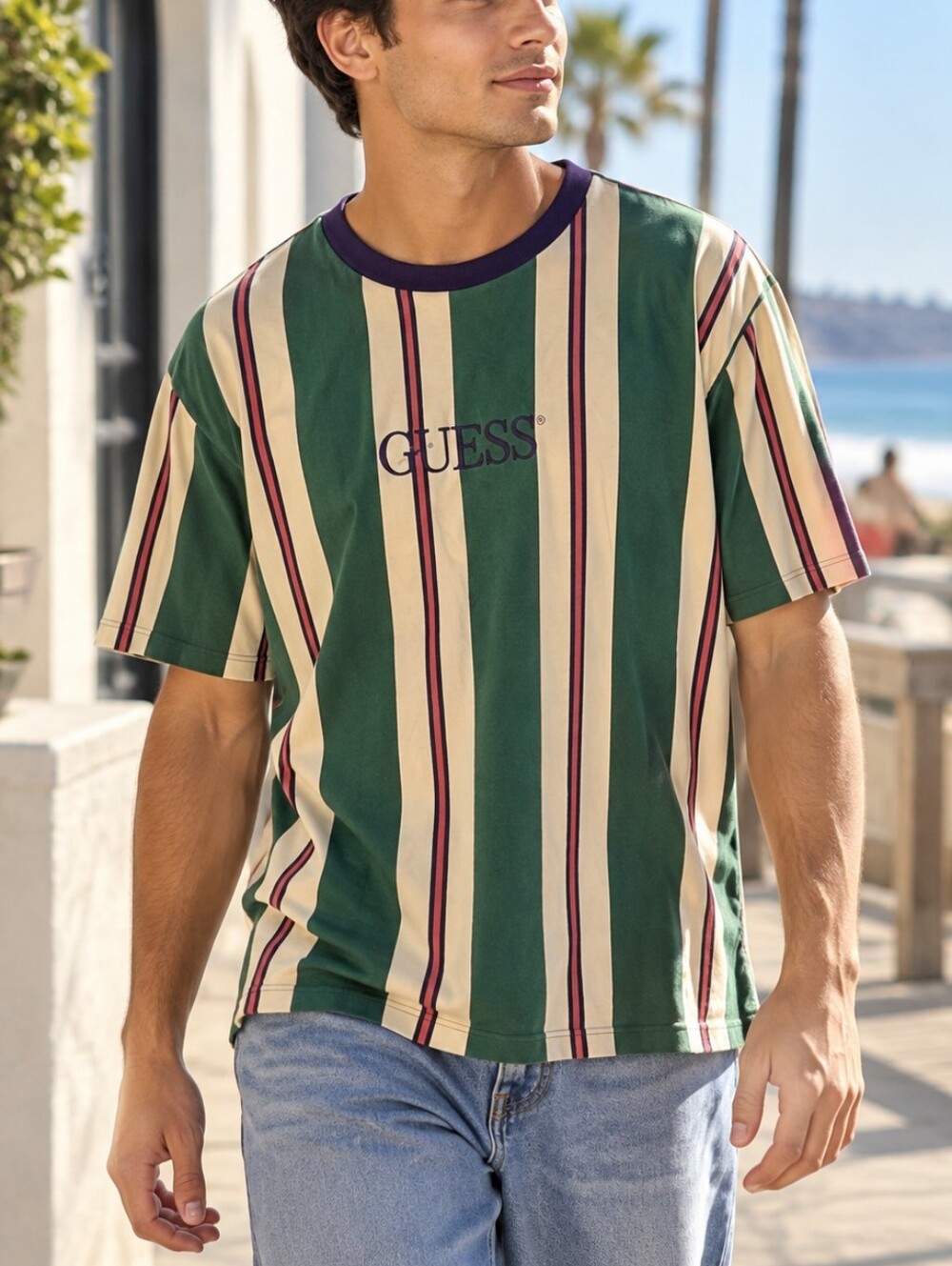 GUESS Originals Men's L Green Cream Burgundy Striped Retro Logo T-Shirt